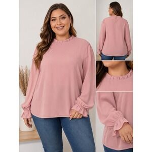Aifer Dusty Rose Ruffle Neck Puff Sleeve Lined Blouse Top NWT Women's‎ XXL